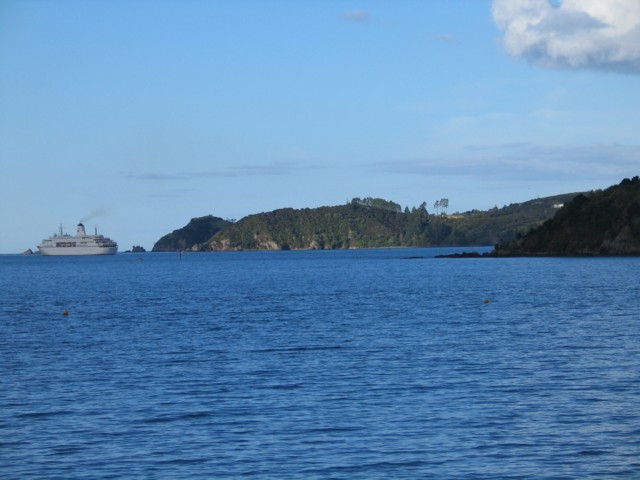 Bay of Islands harbour view of a cruiseship sailing away
