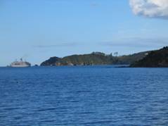 Bay of Islands harbour view of a cruiseship sailing away
