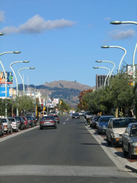 Streetscape of Hastings towards Te Mata Peak. North Island, New Zealand