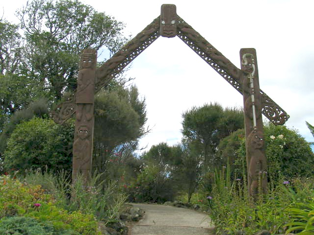 Maori carved entrance to the Kaikohe Memorial Park. Far North, North Island, New Zealand