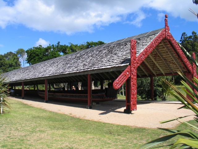 Maori Canoe - Waka - Ngatoki Matawhaorua largest ceremonial waka, 35m long. Waitangi Treaty Grounds, Far North, North Island, New Zealand