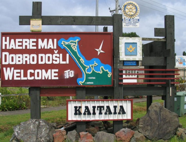 Kaitaia tri-linqual welcome sign. Far North, North Island, New Zealand